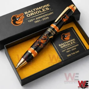 Commemorative Baltimore Orioles pen placed in a black and gold gift box with anniversary branding and refined detailing!