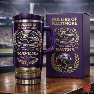 Purple Baltimore Ravens themed tumbler with handle and straw next to a matching 30th anniversary gift box with Bullies of Baltimore text and laurel wreath raven logo