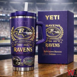 Purple YETI Ravens tumbler with straw next to a matching box showing 30th anniversary 1996 2026 Ravens design.