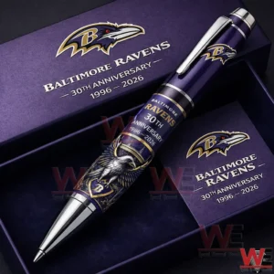 Purple Baltimore Ravens thirtieth anniversary ballpoint pen with team logo raven artwork and matching presentation box.