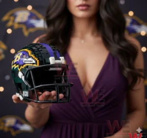 A female model holds a Baltimore Ravens building block football helmet featuring the team logo and colors with a decorative background!