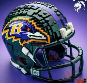Baltimore Ravens NFL Helmet Building Blocks Set 3 A close up image of a Baltimore Ravens football helmet made from building blocks displayed on a purple surface!