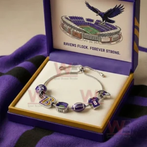 Silver adjustable charm bracelet in a purple and gold gift box with Ravens Flock Forever Strong text and Baltimore football themed charms including helmet B logo stadium football jersey number and bird logo!