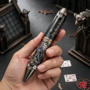 A hand holding a Dark Knight anniversary collectible pen featuring Batman and Joker artwork in a dark cinematic setting!