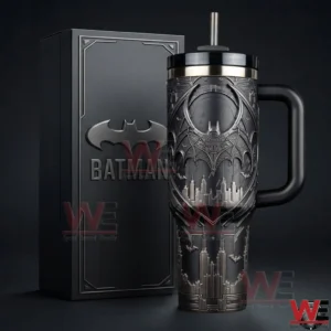 Dark Batman themed tumbler with embossed bat symbol Gotham city skyline metal straw handle and matching black display box!
