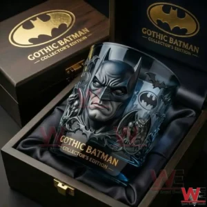 Batman Gothic Dark Knight Hero Glass 3 A close view of a gothic batman illustrated glass displayed inside an elegant box with detailed artwork and refined presentation!