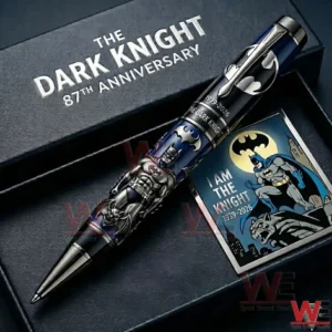 A Batman Themed Pen Displayed In A Gift Box With The Dark Knight Anniversary Text And Comic Style Artwork!