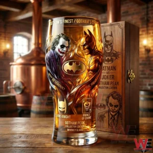 Gotham Peak collector whiskey glass displayed on a wooden table with bold illustrated characters and a warm industrial background!