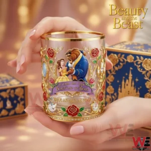 A themed collectible glass held in hands showing detailed artwork with floral accents and a story inspired design!