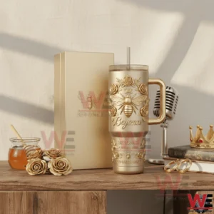 Gold embossed handled tumbler with queen bee and floral relief beside a matching gift box on a wooden table with warm studio lighting!