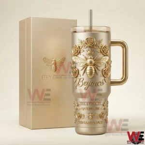 Gold embossed handled tumbler with queen bee and floral details positioned beside a matching gift box on a neutral studio background!
