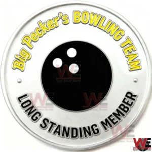 Silver circular badge with Big Peckers Bowling Team text and Long Standing Member text surrounding a black bowling ball icon.