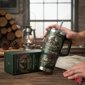 Hand holding a green Bigfoot themed insulated tumbler with handle and straw on a rustic wooden table with a matching collector edition box in the background!