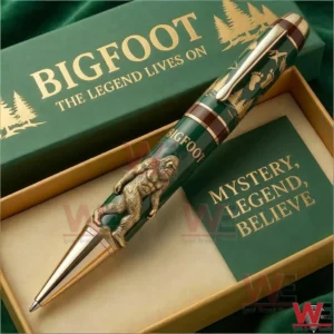 Green and gold Bigfoot pen in an open gift box with packaging that reads Bigfoot The Legend Lives On and Mystery Legend Believe!