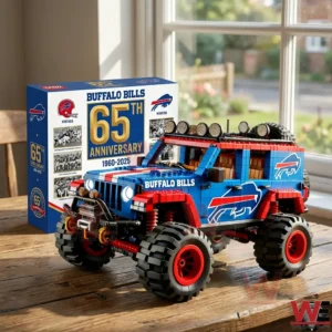 Buffalo Bills themed building block off road truck with large tires team logos red blue color scheme and a 65th anniversary Buffalo Bills box displayed on a wooden table near a window!