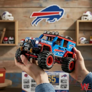 Hands holding a Buffalo Bills themed building block off road truck with red wheels blue body roof lights and team logos displayed against a sports themed background!