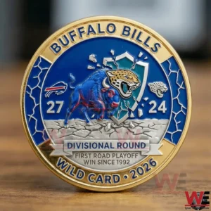 A Buffalo Bills divisional round wild card two thousand twenty six commemorative coin with a buffalo and playoff text!