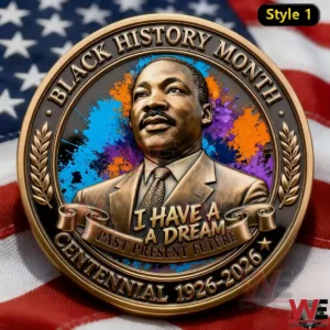 A Black History Month centennial commemorative coin with a leader portrait colorful background bold text and an American flag backdrop!