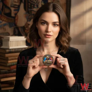 Black History Month Centennial Commemorative Coin 5 A woman holding a Black History Month commemorative coin indoors with books artwork and a calm elegant atmosphere!