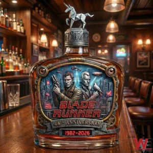 Blade Runner anniversary whiskey bottle on a bar counter featuring illustrated characters a futuristic city background and a metallic unicorn bottle cap!