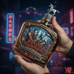 Hands holding a Blade Runner anniversary whiskey bottle with illustrated characters a neon city background and a unicorn bottle cap!