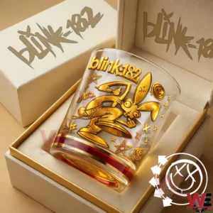 Blink 182 The Rock Show Gold Glass 12 A gold engraved blink 182 whiskey glass with a cartoon inspired design displayed inside a presentation box!