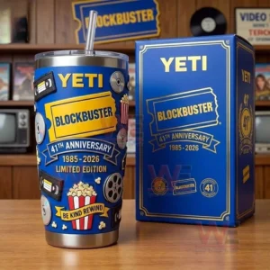 Blue Yeti Blockbuster limited edition tumbler with a straw and retro movie icons displayed beside a matching anniversary gift box in a vintage video store setting!