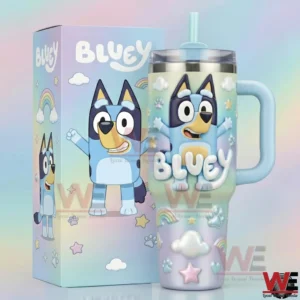 Pastel Bluey tumbler with handle and straw standing next to a matching Bluey box with playful cartoon artwork!