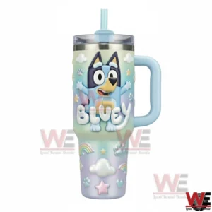Bluey pastel tumbler with handle and straw featuring raised character and decorative elements on a white background!