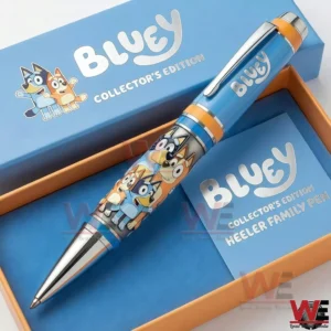 Bluey collector pen placed in a presentation box with matching themed background!