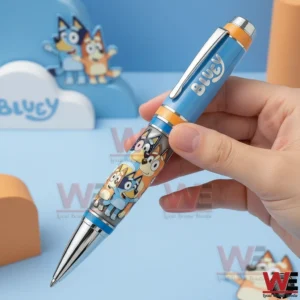 Bluey themed pen held by a hand with a light blue display background!