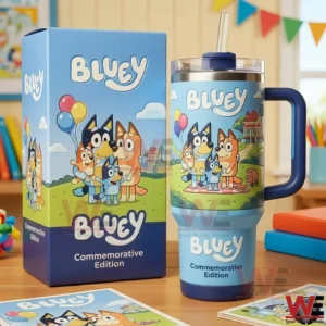 Bluey commemorative edition tumbler with illustrated family design placed next to a matching collectible box on a table in a bright child friendly room!