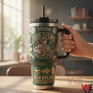 Green music themed insulated tumbler with handle and straw featuring vintage style guitar artwork!