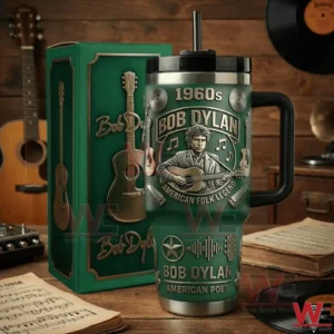 Music themed green tumbler with handle displayed next to a matching gift box and musical decor!