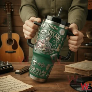 Hands holding a green insulated tumbler with handle featuring vintage music and guitar designs!