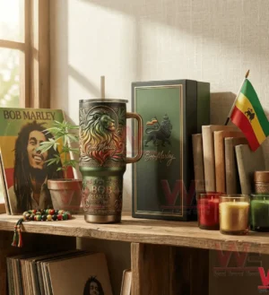 Insulated lion design tumbler and box displayed on a wooden shelf with books candles and reggae themed decor!