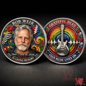 Two sided memorial coin design with Bob Weir portrait and Grateful Dead rainbow guitar artwork!