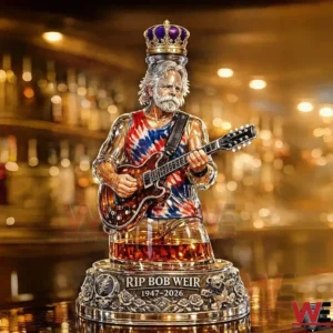 A crowned elderly guitarist statue stands on an ornate base with rich textures and warm reflections in a bar like setting!