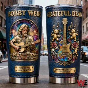 This image presents a front and back view of a Bobby Weir themed insulated tumbler with rich embossed artwork musical symbolism and commemorative text celebrating an American jam music legend!