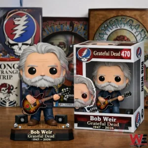 Close up of a grey haired bearded musician vinyl figure holding a guitar beside a Grateful Dead 470 box with poster background!