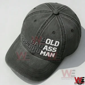 Bold Badass Super Human Embroidery Cap 6 Top angled view of a dark gray baseball cap displaying detailed crown stitching and front embroidery!