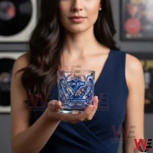 Bon Jovi 43rd Anniversary 1983-2026 whiskey glass 3 Person holding a Bon Jovi anniversary glass with blue artwork!