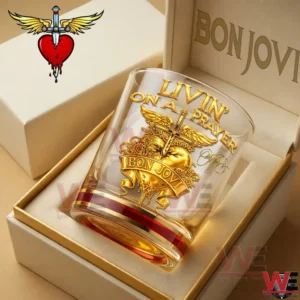 Whiskey glass with gold LIVIN ON A PRAYER BON JOVI design displayed inside a gift box!