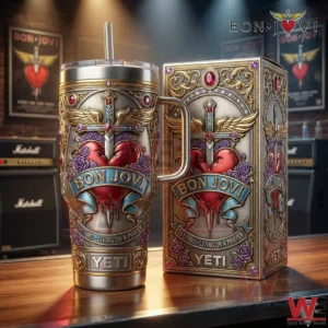A Bon Jovi insulated tumbler and presentation box displayed on a stage inspired table with concert lighting and music decor!