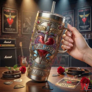 A hand holding a Bon Jovi insulated tumbler with stage lights amplifiers and rock music decor in the background!
