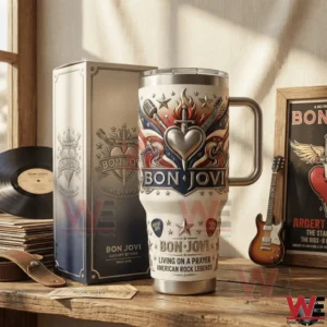 Cream colored insulated tumbler with handle displaying Bon Jovi rock music design!