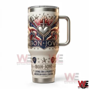 Bon Jovi themed insulated tumbler with handle shown on a white background!