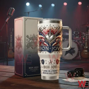 Bon Jovi rock themed insulated tumbler with handle displayed in a concert style environment!