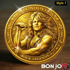 Close up of gold Bon Jovi Rock Legends coin with singer design!