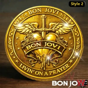 Back view of gold Bon Jovi Livin On A Prayer commemorative coin with heart and sword!